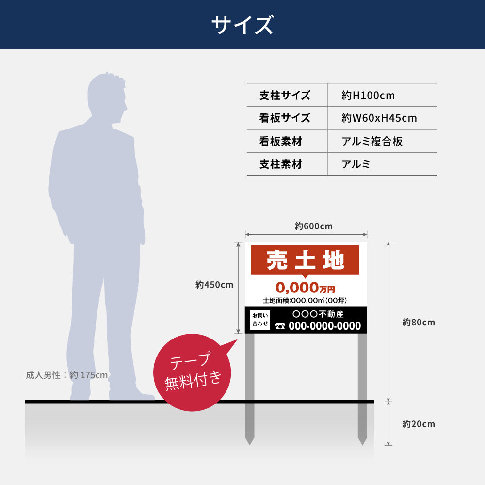 【社名・電話番号入れ対応】約W600×H450mm アルミ複合板「売土地」 不動産 管理看板 募集看板 広告 契約 会社 店舗 電話番号 売物件 新築 売地看板 fds-33
