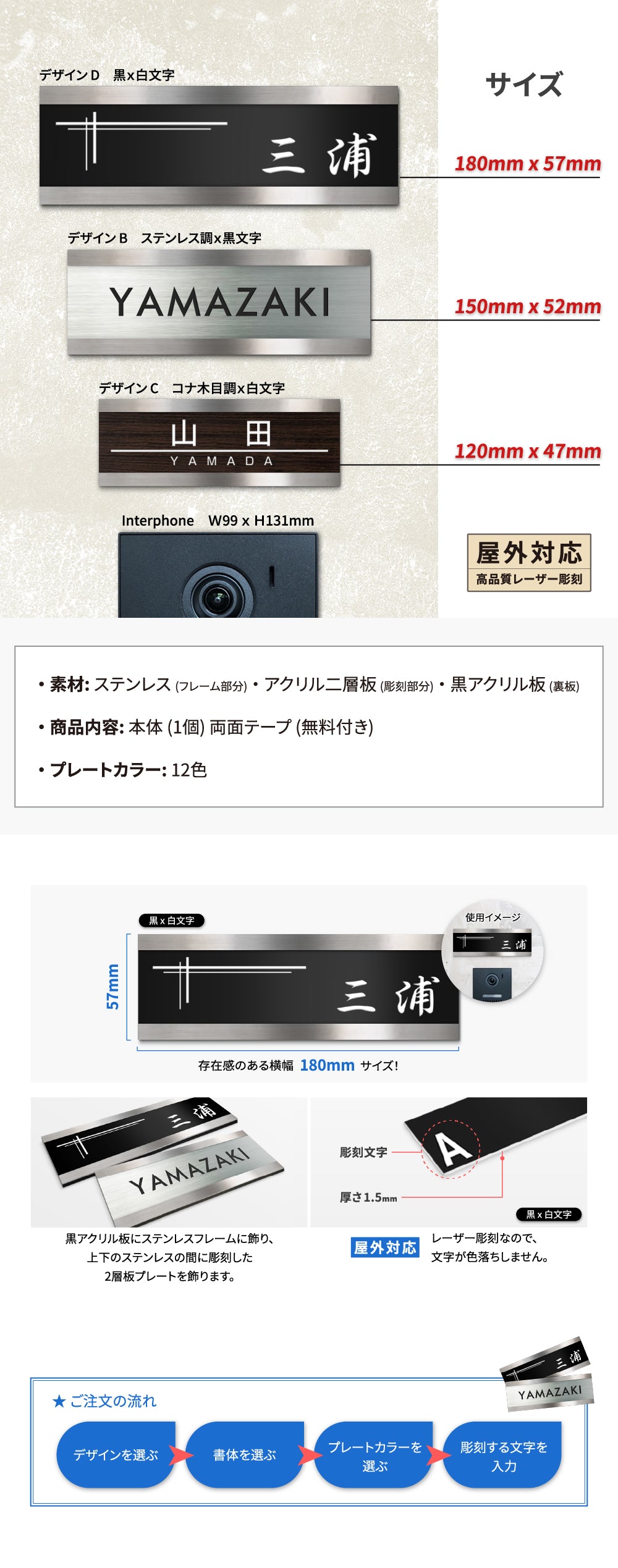 表札 シール ハウスサイン ポスト アクリル レーザー彫刻 2層 ボンド+テープ付きgs-nmpl-1008