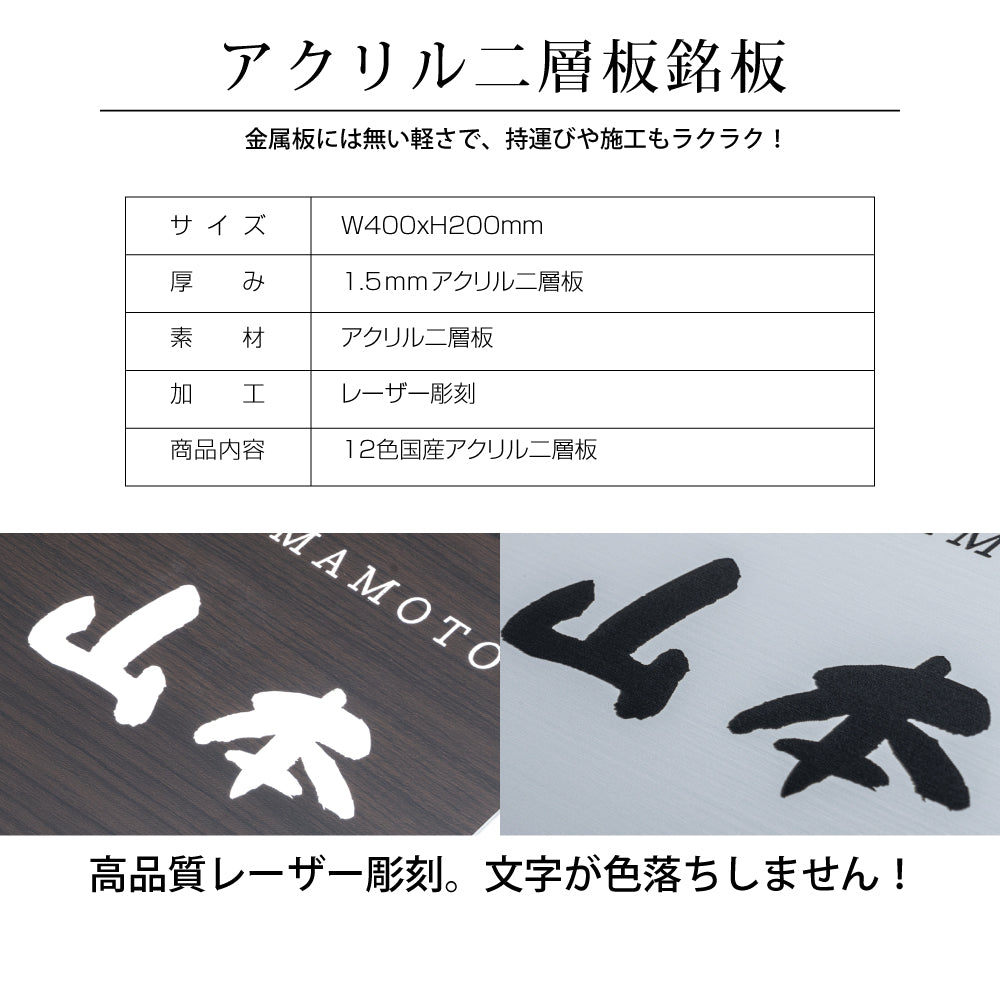 アクリル二層板 オフィス用表札 W400mm×H200mm gs-pl-niso-400200