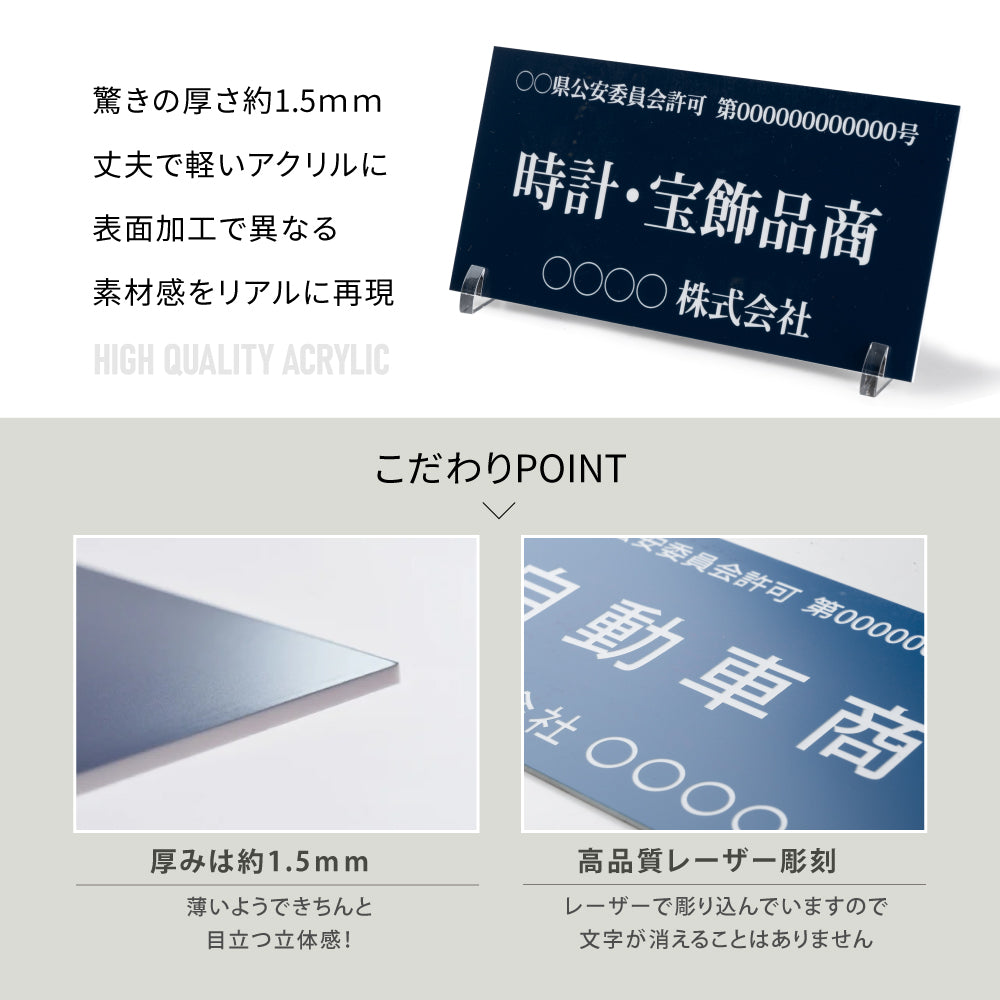 古物商 プレート W160mm×H80mm 許可証 看板 標識 穴あけ スタンド マグネット 磁石 両面テープ 質屋 金属くず商 紺色 警視庁公安委員会指定 選べる書体 kbt-01