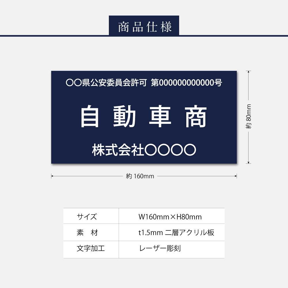 古物商 プレート W160mm×H80mm 許可証 看板 標識 穴あけ スタンド マグネット 磁石 両面テープ 質屋 金属くず商 紺色 警視庁公安委員会指定 選べる書体 kbt-01