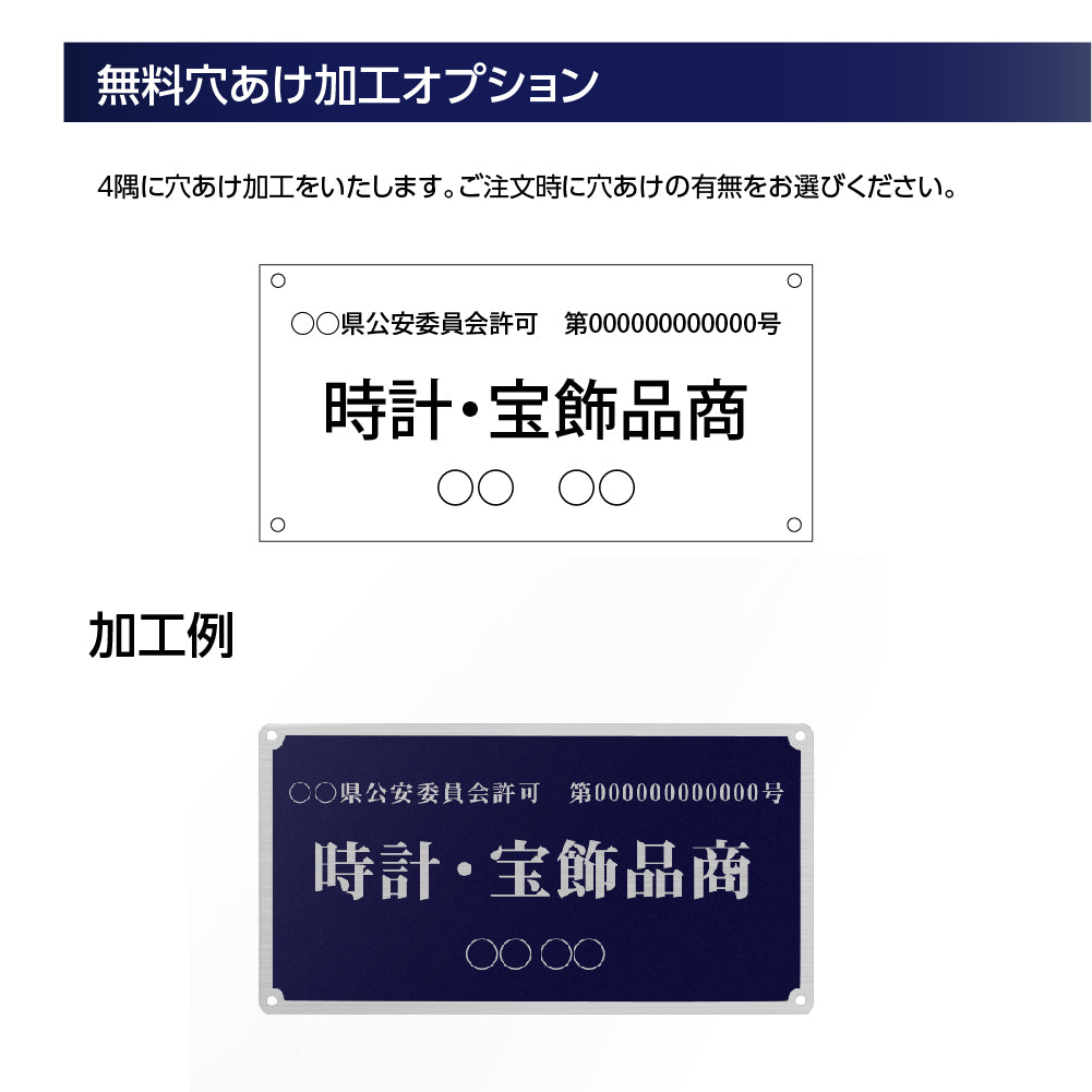 ステンレス製 古物商プレート168×88mm (紺色)(壁掛け用穴ありタイプ)/警察 公安委員会指定 s-curio-navy-hole