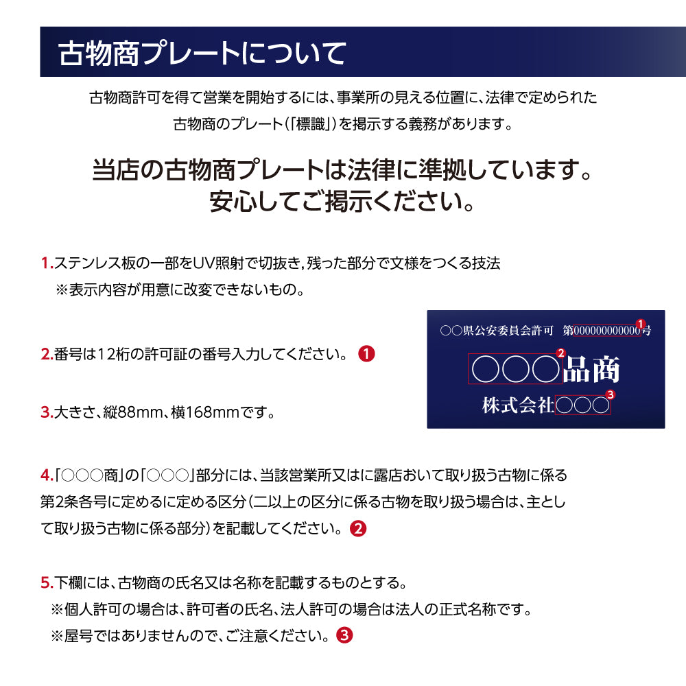 ステンレス製 古物商プレート168×88mm (紺色)(壁掛け用穴なしタイプ)/警察 公安委員会指定 s-curio-navy