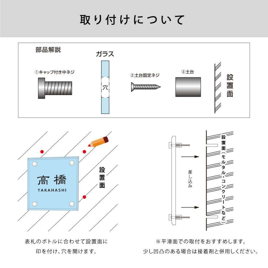 透明 ガラス 130角 150角 厚み5mm/8mm 高耐候性 化粧ビス付け gs-nmpl-1050