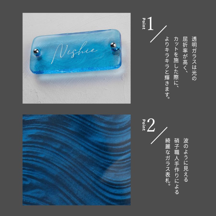 ブルー 江戸硝子 ガラス表札 高耐候性 約W197mm×H90mm×t20mm 化粧ビス付き gs-nmpl-1083